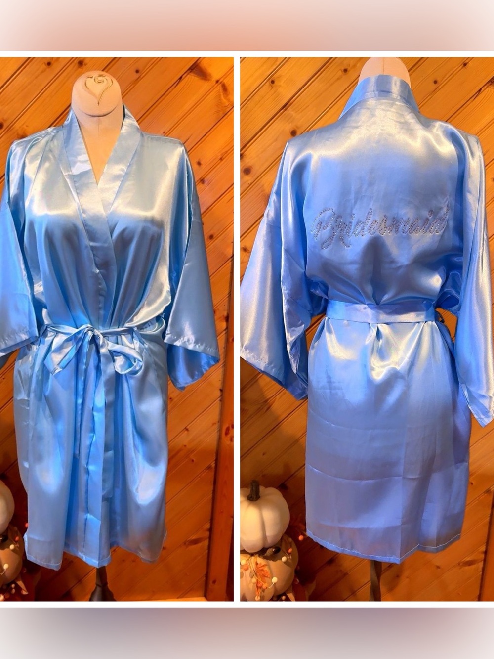 Bridal Satin Robe with Rhinestone Back - Light Blue